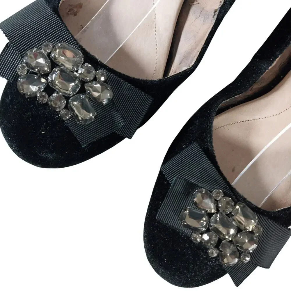 LANDS' END! BLACK VELVET & GROSGRAIN RIBBON BOW, RHINESTONE FLATS! SZ 9.5B